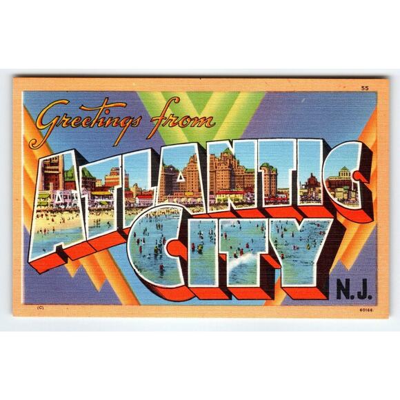 Greetings From Atlantic City New Jersey Large Letter Linen Postcard Beach Hotels - Picture 1 of 2